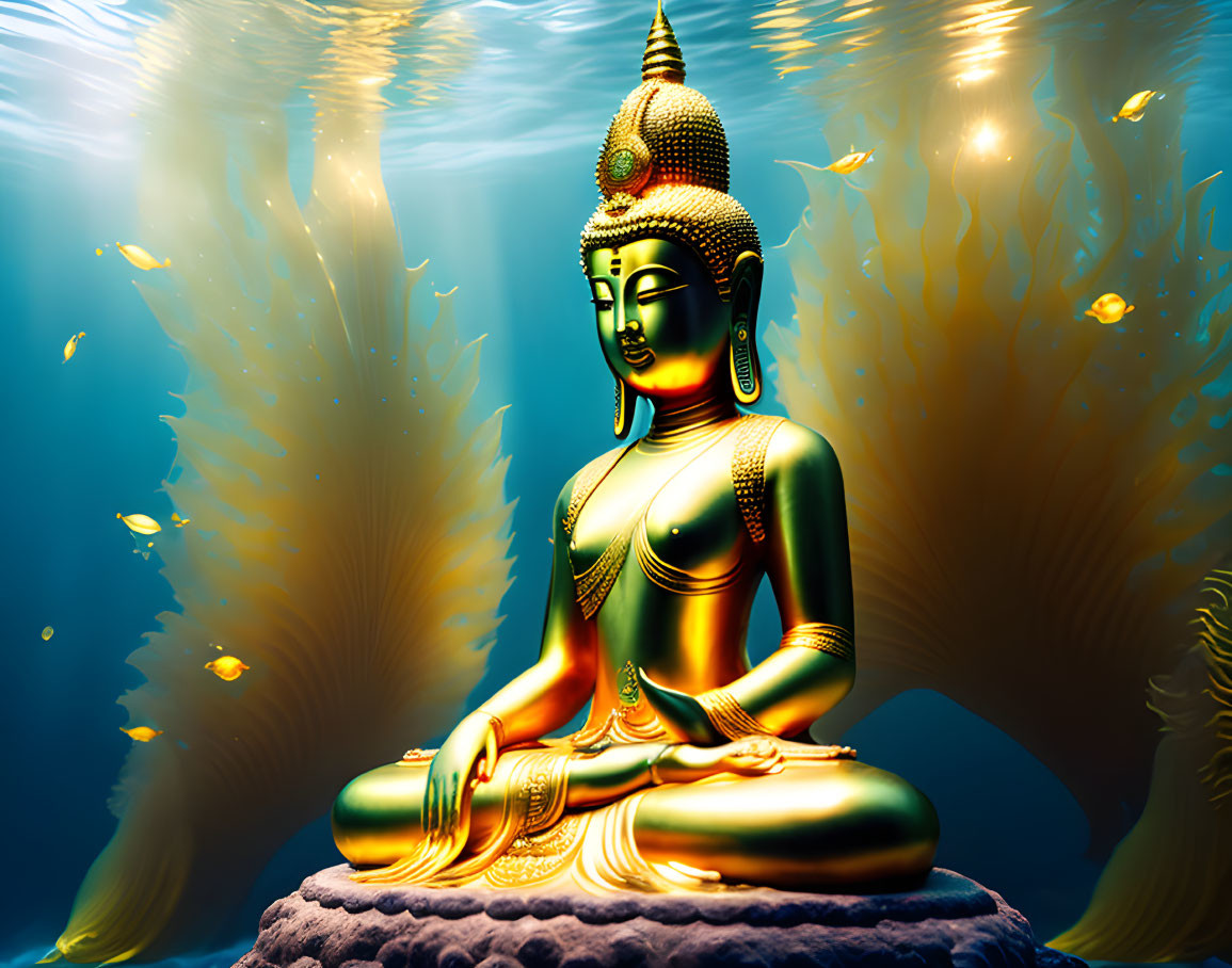 Golden Buddha Statue Meditating Surrounded by Golden Fish