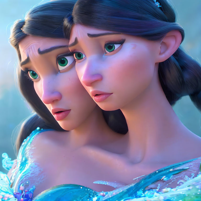 Two animated female characters with expressive eyes and detailed hairstyles in a glittery blue dress.