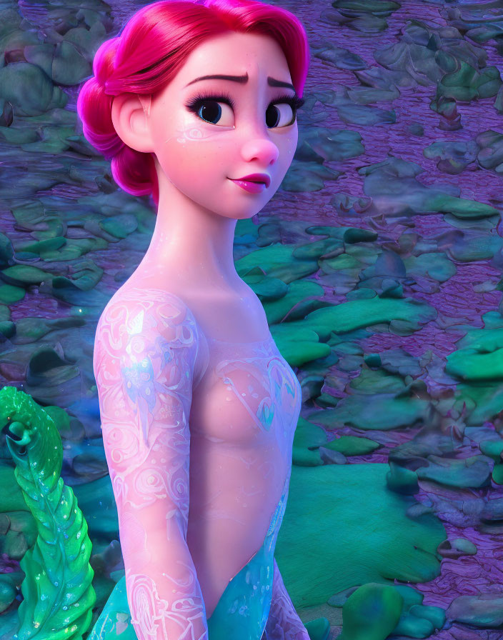 Pink-haired animated character with tattoos in translucent outfit on purple and green background