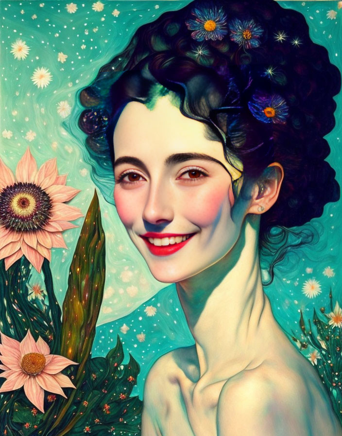 Smiling woman with floral hair in celestial setting