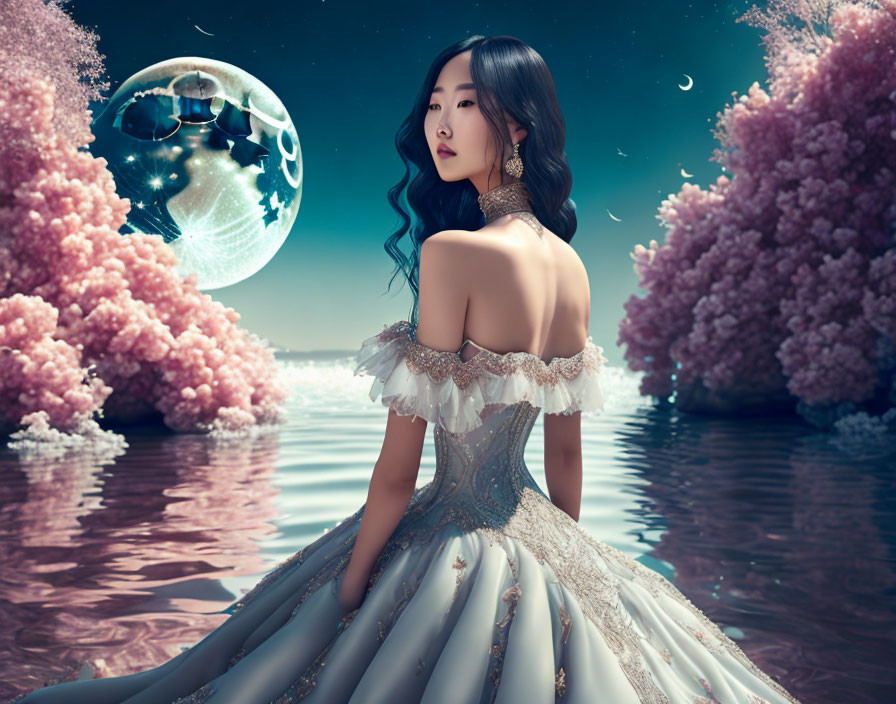 Elegant woman in gown by reflective water with cosmic sky.