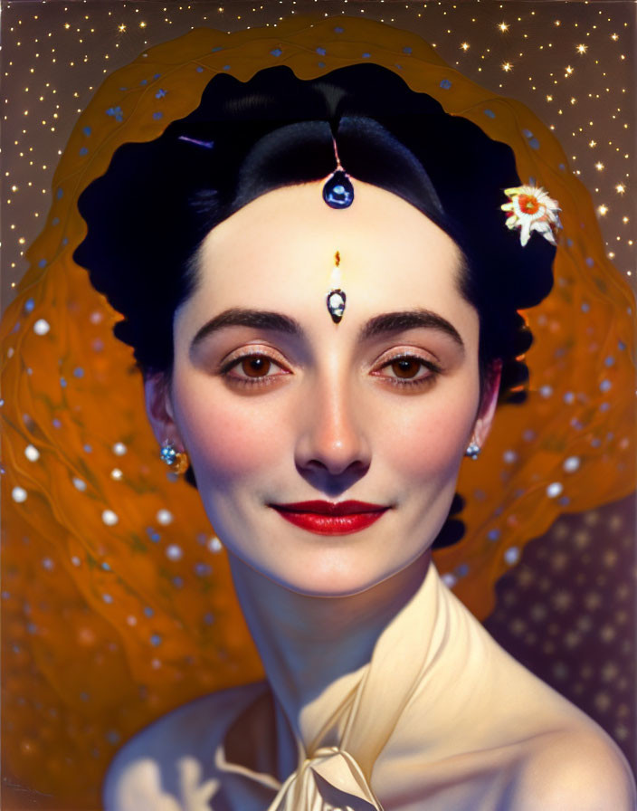 Stylized woman portrait with elaborate headpiece and makeup on starry background