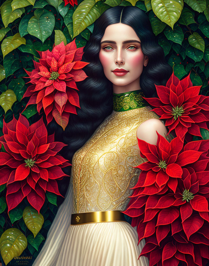 Digital artwork: Woman with black hair, poinsettia flowers, white dress.