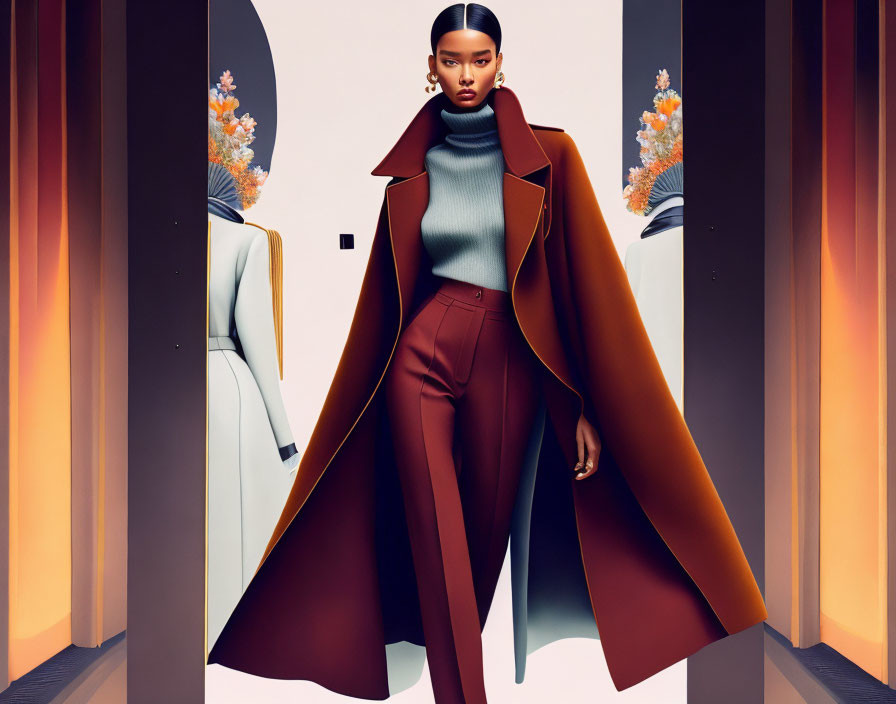 Fashion illustration of woman in turtleneck, trousers, trench coat, with sleek bun