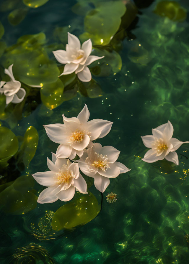 Sunlit White Water Lilies Floating on Green Water Surface