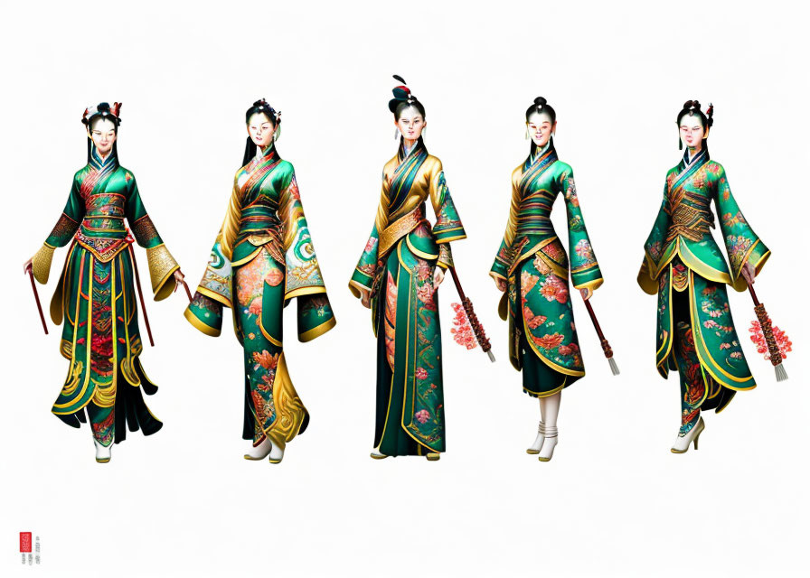 Five Traditional Chinese Attire Illustrations with Varied Poses