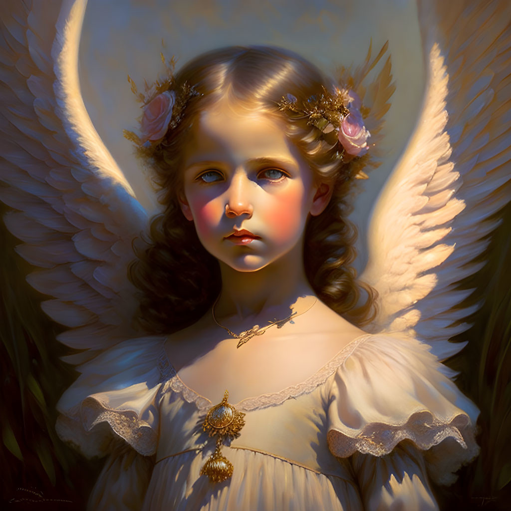 Young angelic girl with white wings in vintage cream dress and floral hair adornments.