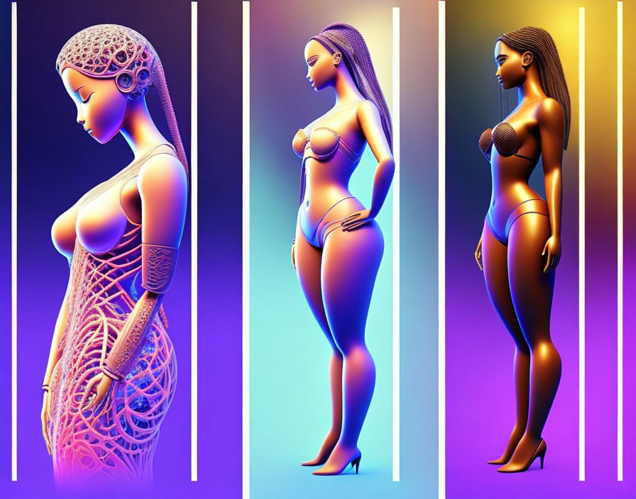 Stylized female figure with intricate patterns transitioning from metallic to warm glow on purple-blue gradient.