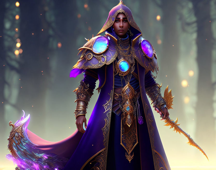 Regal figure in purple and gold armor with glowing gemstones in misty forest