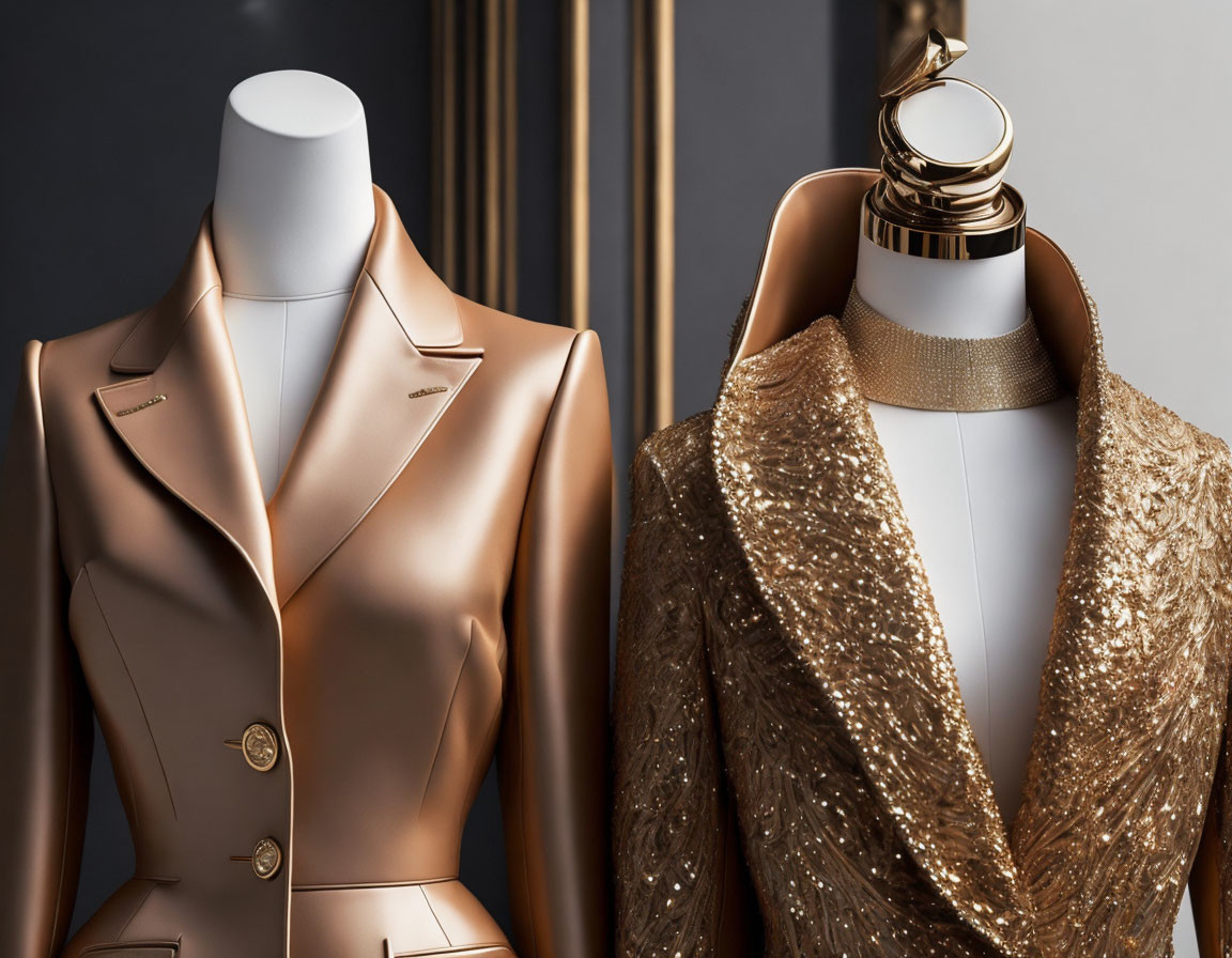 Mannequins showcasing brown suit and gold textured garment