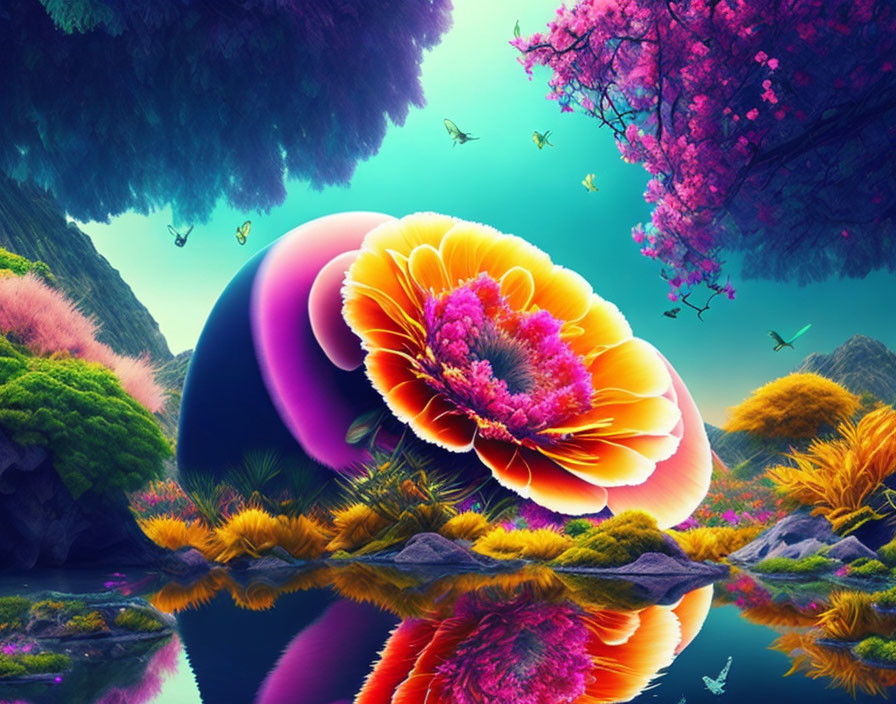 Colorful fantasy landscape with reflective spherical flower, trees, river, butterflies, inverted world.