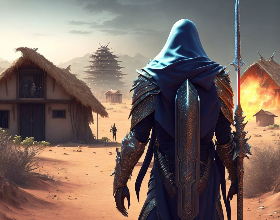 Cloaked figure in ornate armor with spear observes explosion in desert village