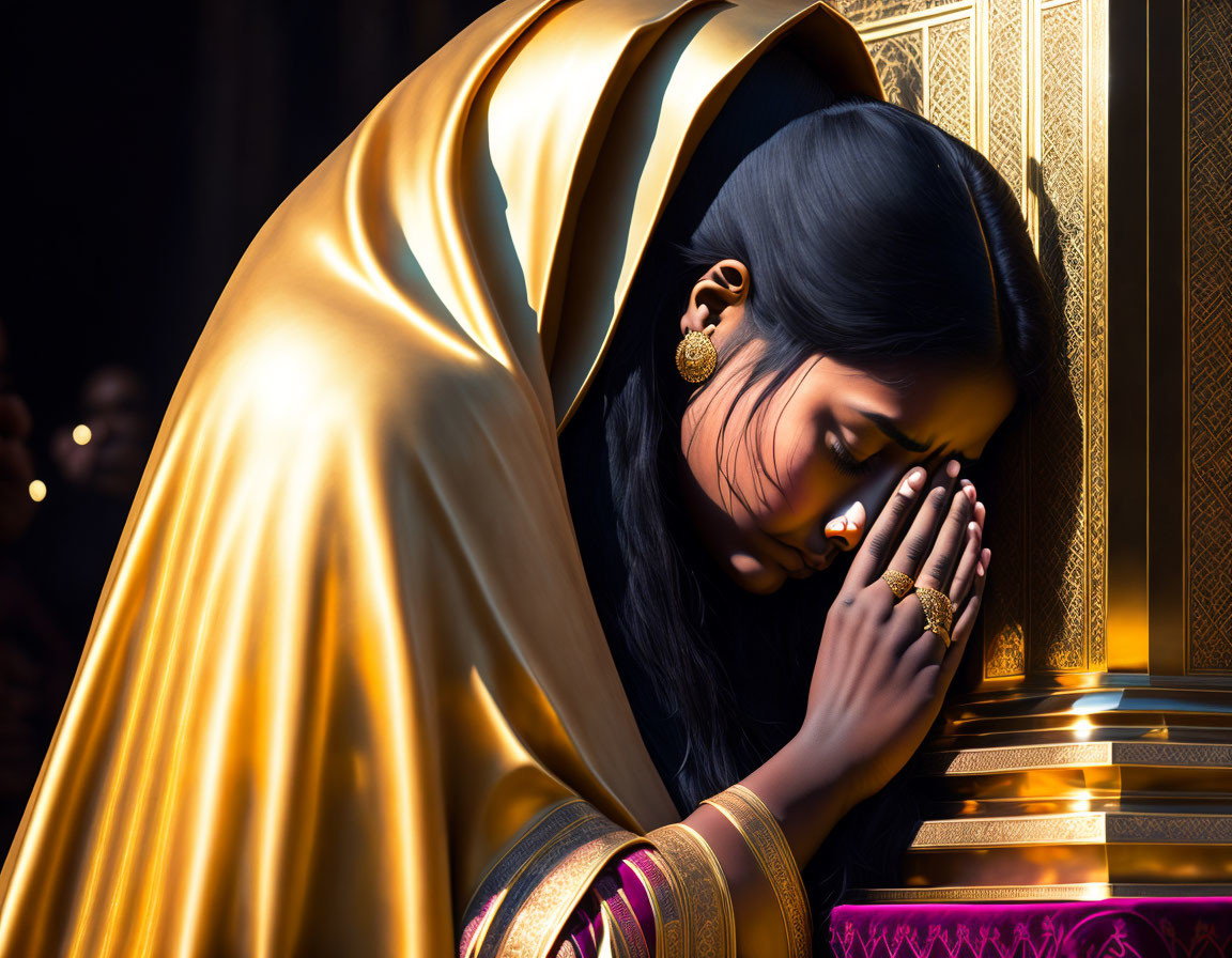 Traditional Indian woman in golden saree praying with closed eyes