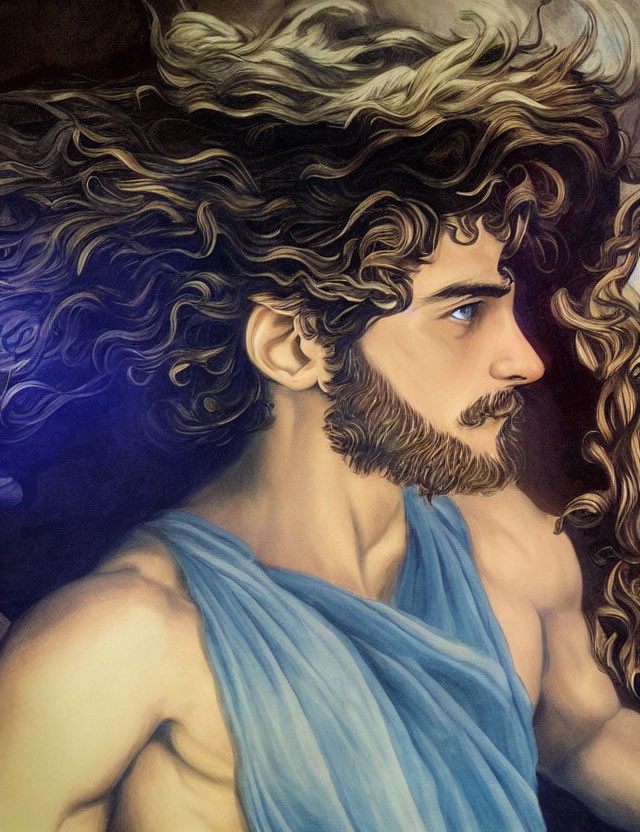 Profile Portrait of Man with Voluminous Curly Hair and Beard in Blue Draped Cloth