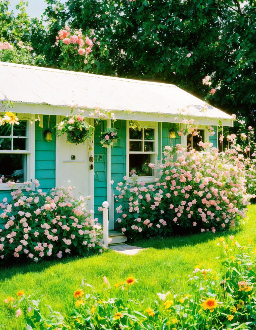 Turquoise Cottage with Pink Roses and Greenery in Sunlight