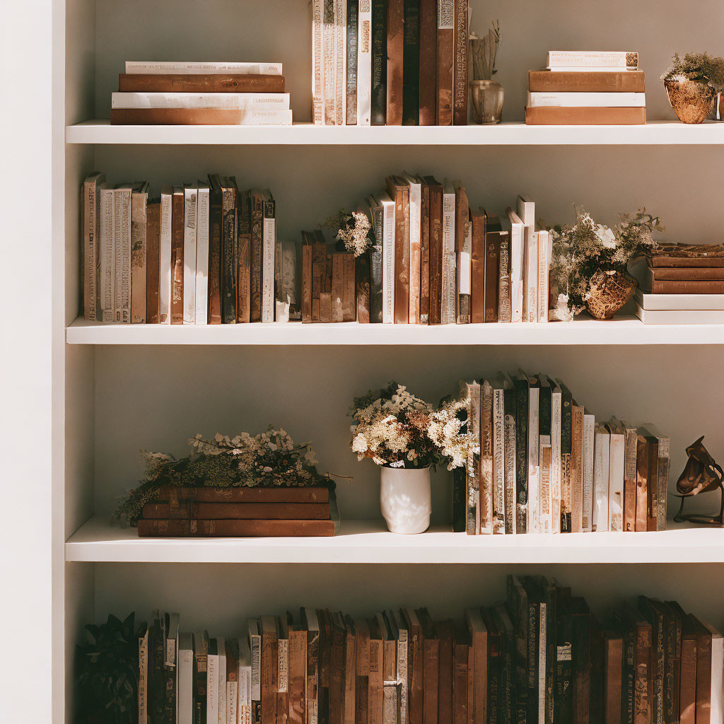 Organized white shelves with books, decor, and plants