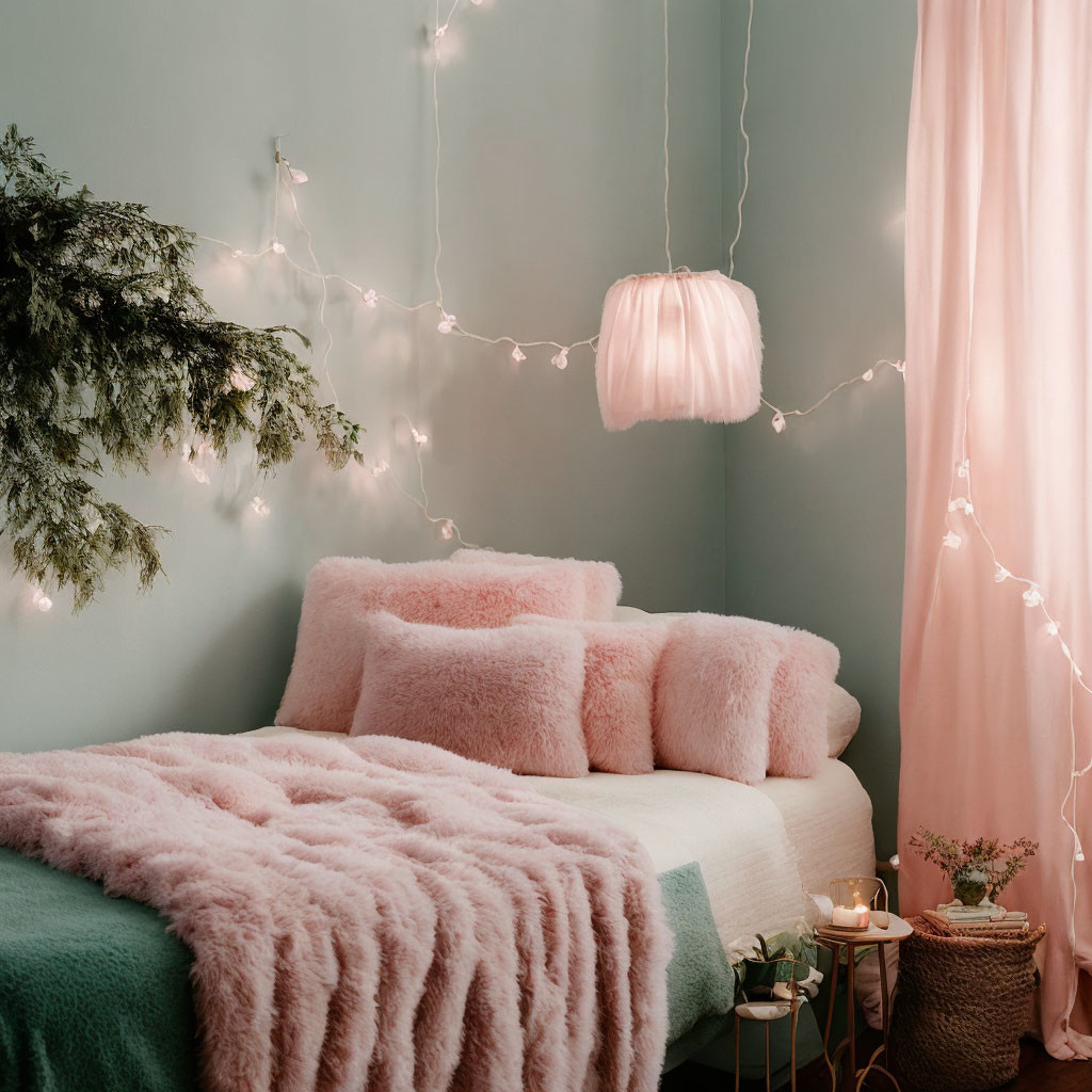 Cozy bedroom corner with pink blanket, pillows, fairy lights, curtain, and green wall