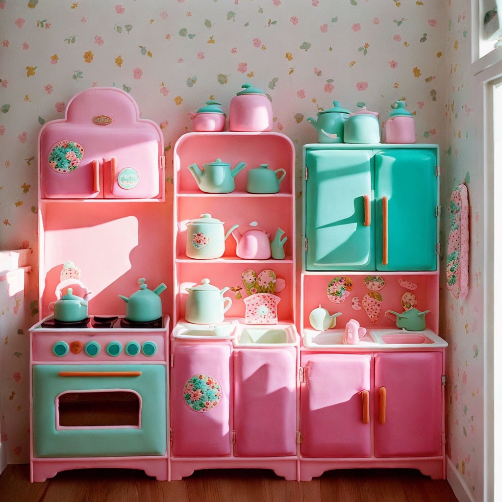 Colorful Toy Kitchen Set with Appliances and Utensils on Floral Wallpaper