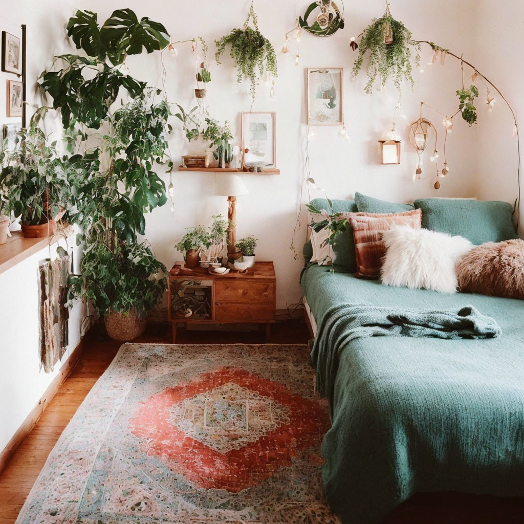 Plant-filled Room with Green Sofa & Bohemian Decor