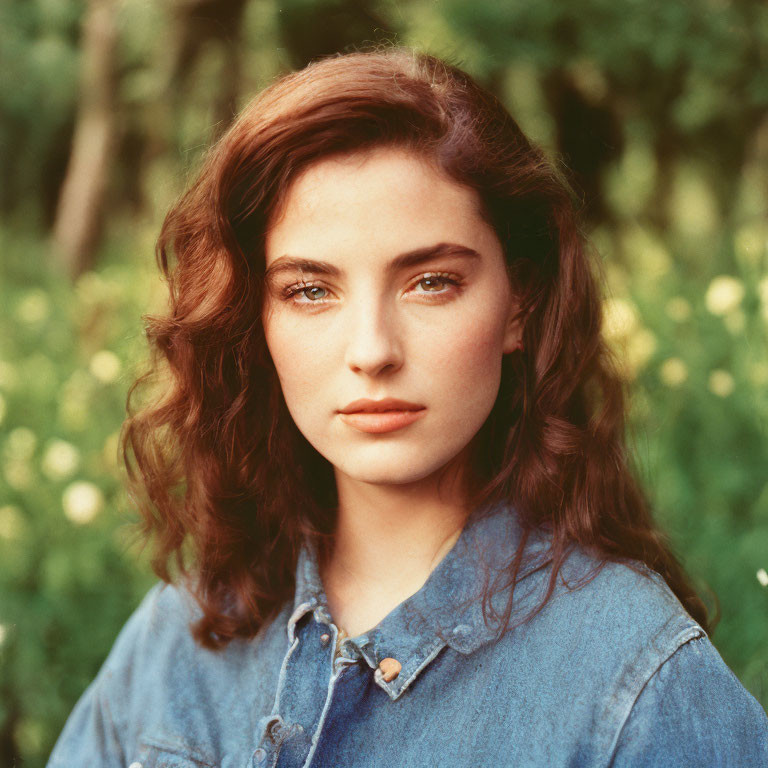 Woman with shoulder-length brown hair in denim shirt in field with greenery and yellow flowers.