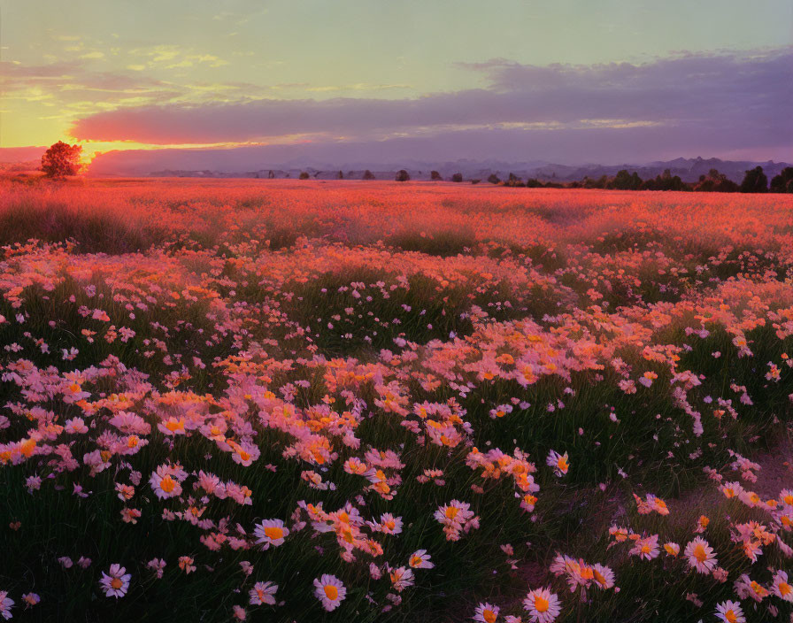 Colorful sunset over blooming field with pink and orange sky