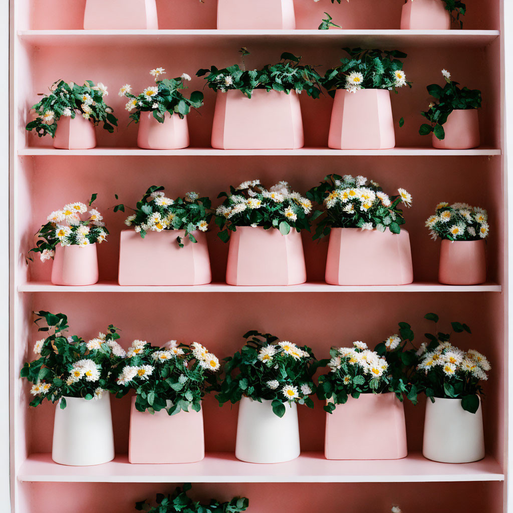 Symmetrical pink and white daisy plant pots on shelves