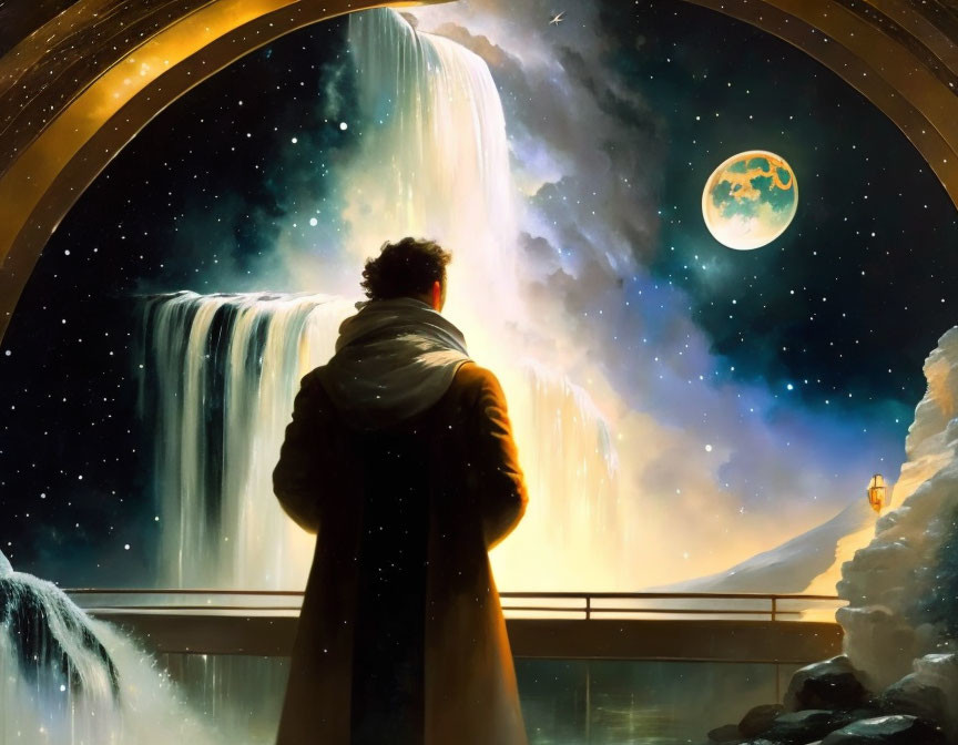 Person in coat gazes at massive waterfall under starry sky