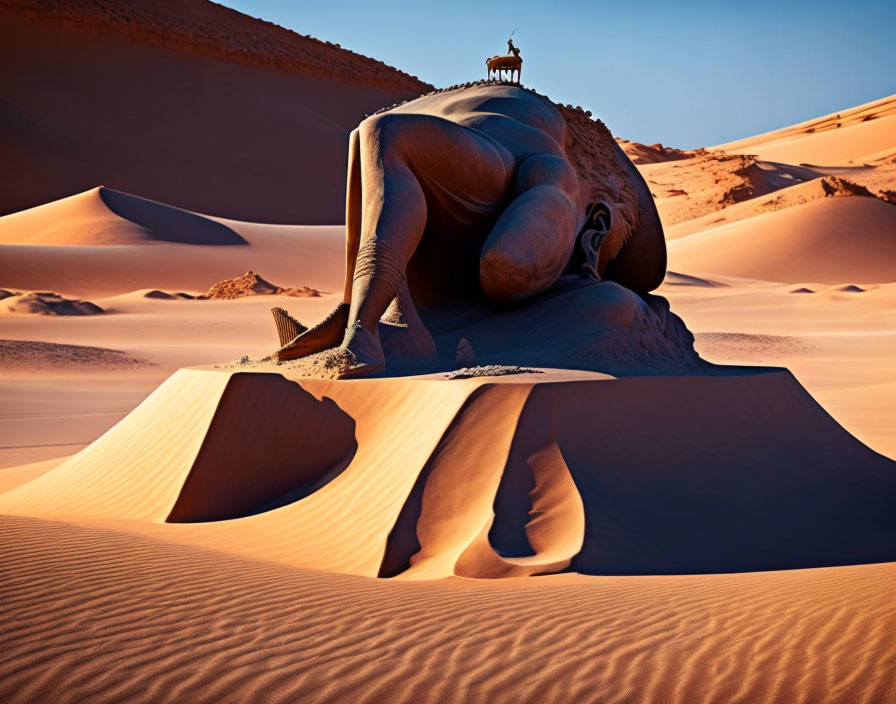 Giant human figure sculpture buried in desert landscape