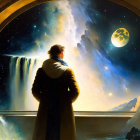 Person in coat gazes at massive waterfall under starry sky