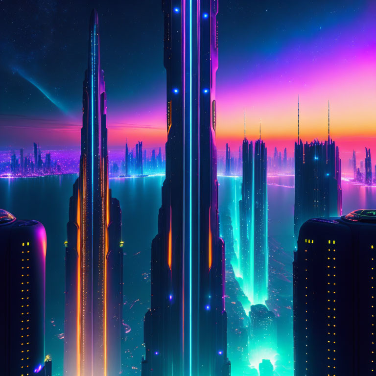 Neon-lit skyscrapers in futuristic twilight landscape