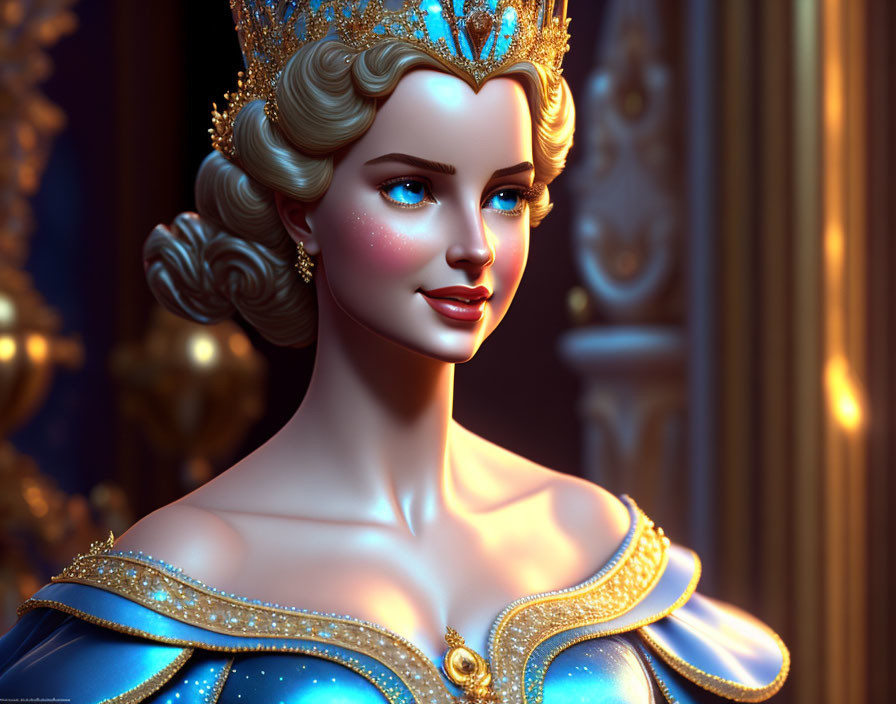 Blonde woman in royal blue and gold gown with crown