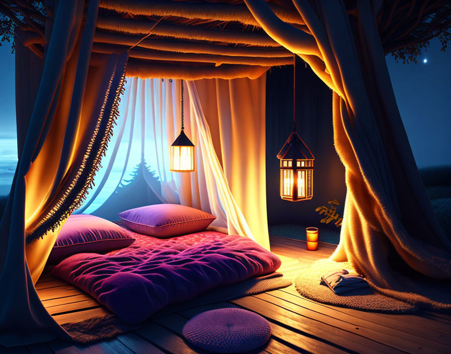 Canopied pallet bed with cushions under hanging lanterns