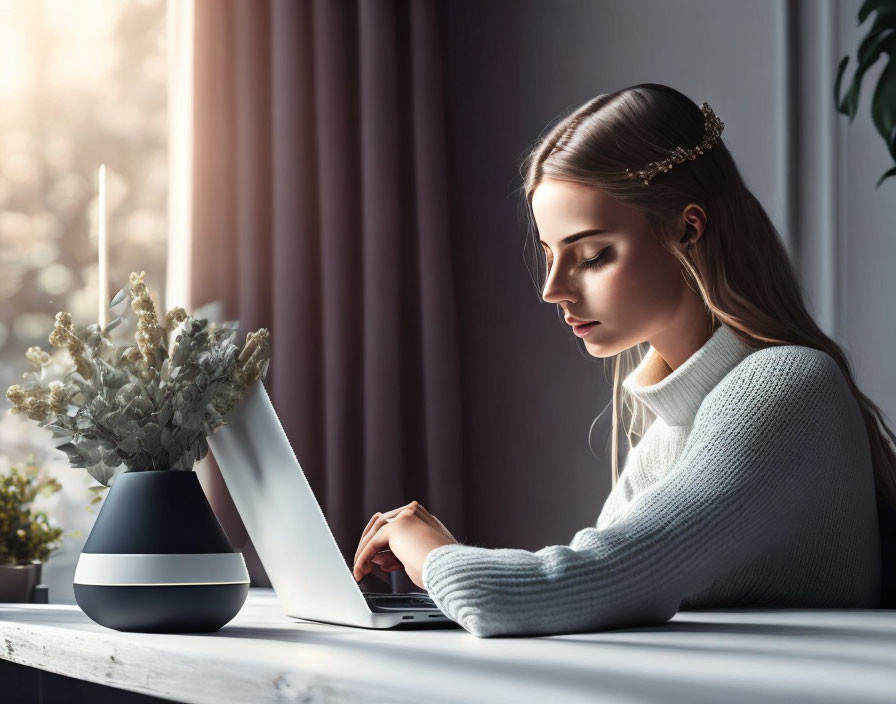 Woman in white sweater at laptop near flowers in sunlight