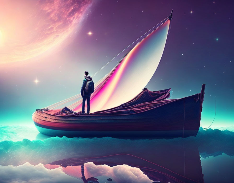 Person on Boat with Vibrant Digital Sail in Surreal Cosmic Setting