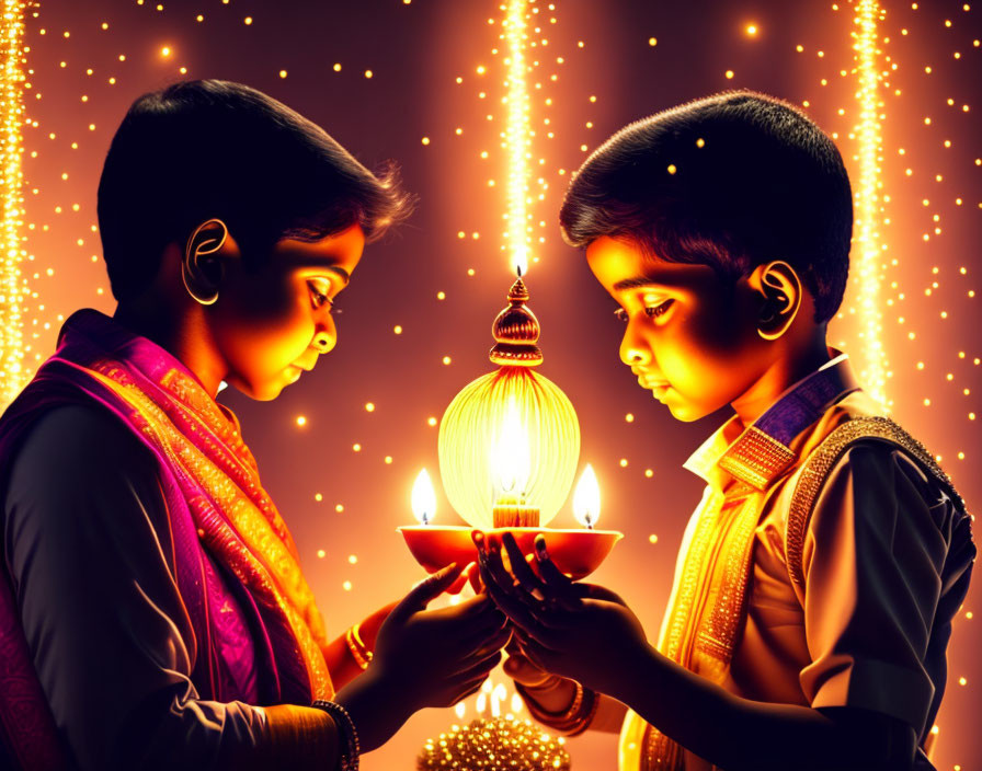 Children holding a lit lamp in front of sparkling lights symbolizing celebration