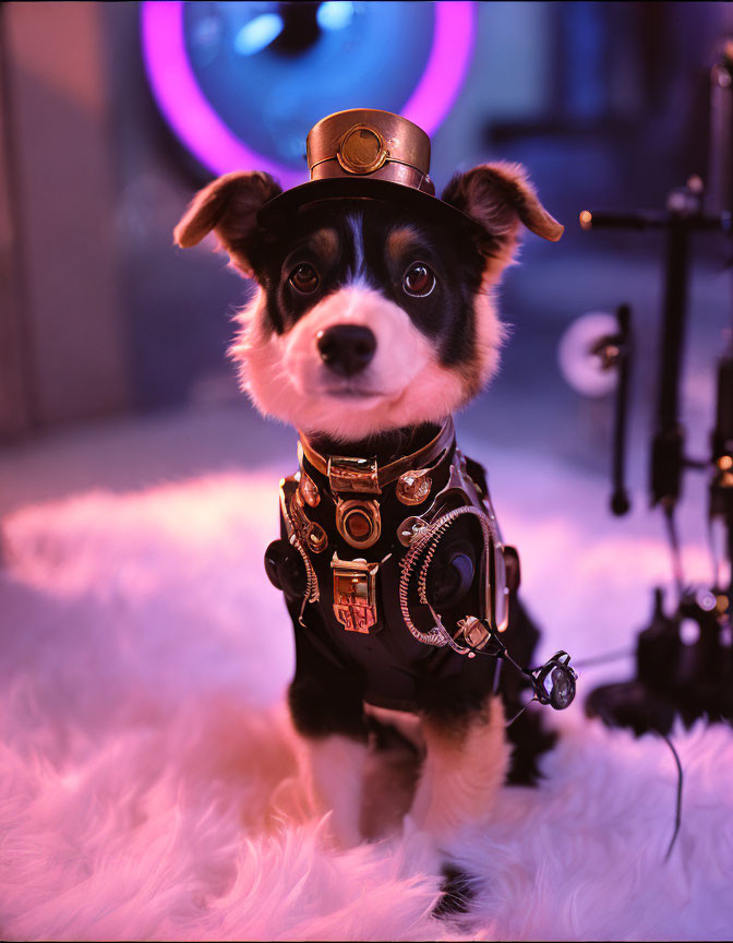 Steampunk-dressed dog on fluffy surface with neon-lit backdrop