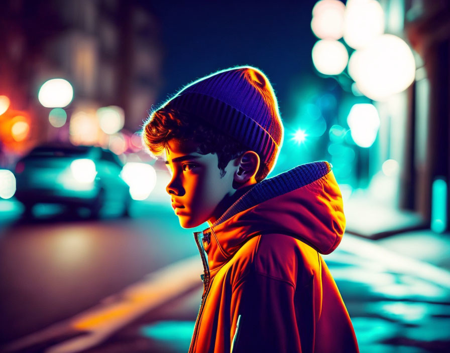 Young boy in orange jacket and purple beanie on neon-lit city street at night