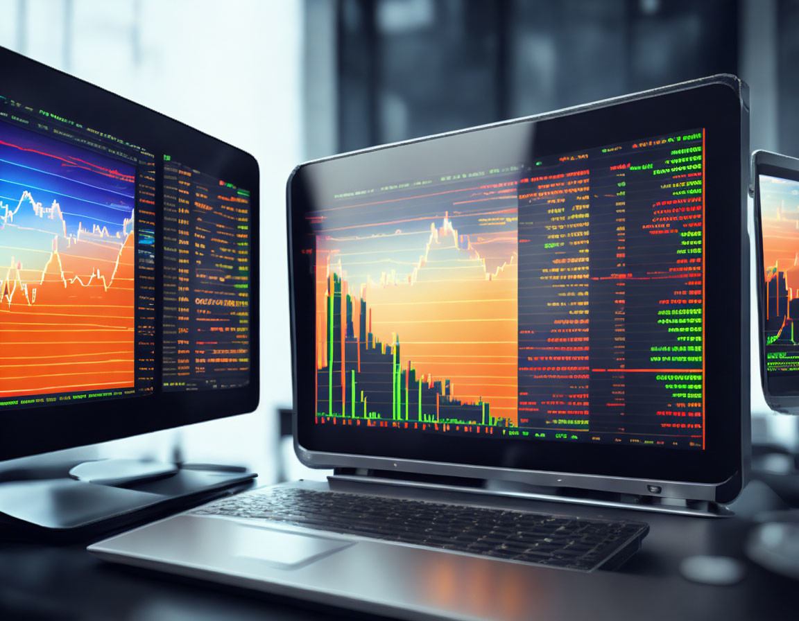 Office setup: Dual monitors show stock market graphs and code against cityscape backdrop