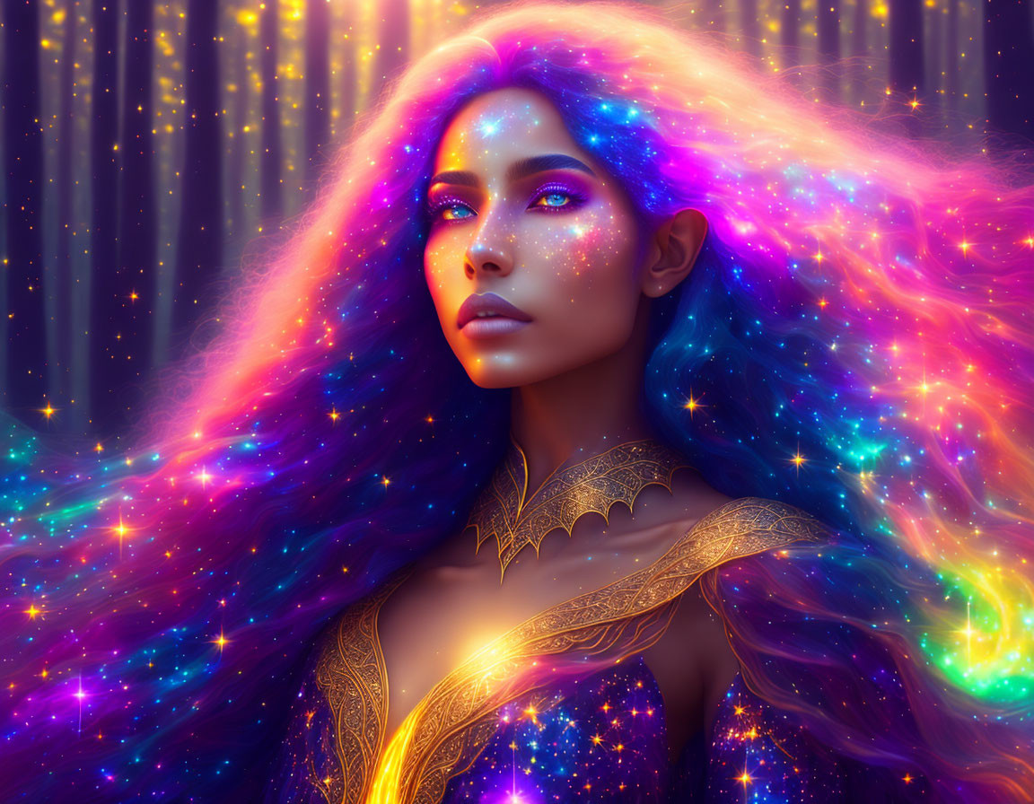 Colorful portrait of woman with galaxy hair, stars, and gold outfit on illuminated backdrop