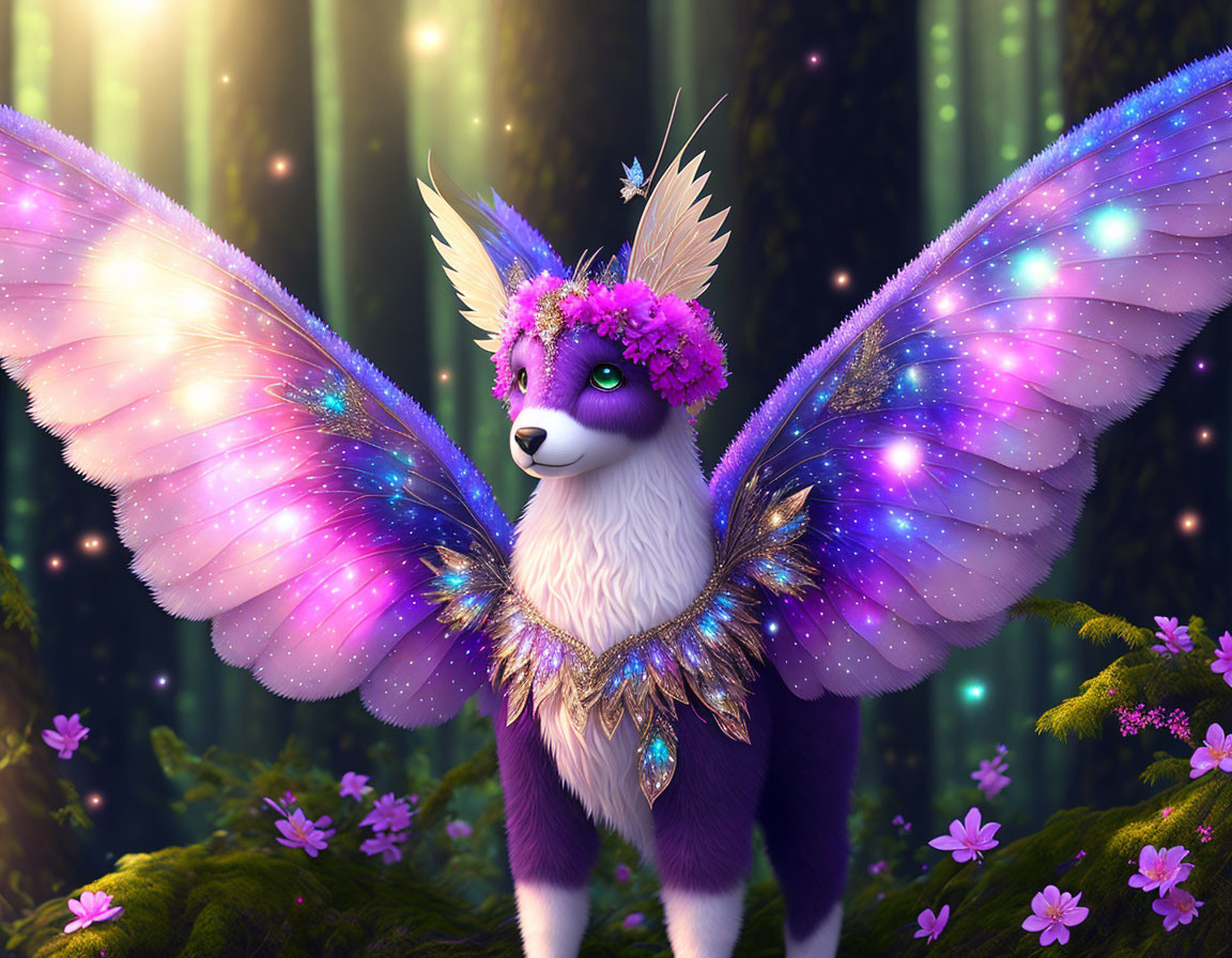 Vibrant purple and white fox-like creature with butterfly wings in magical forest