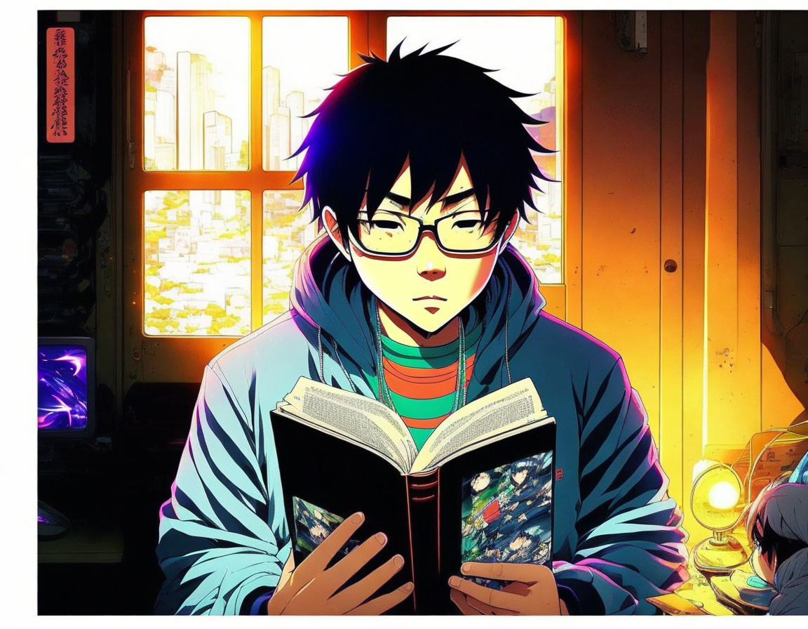 Young person with black hair and glasses reading book in warmly lit room