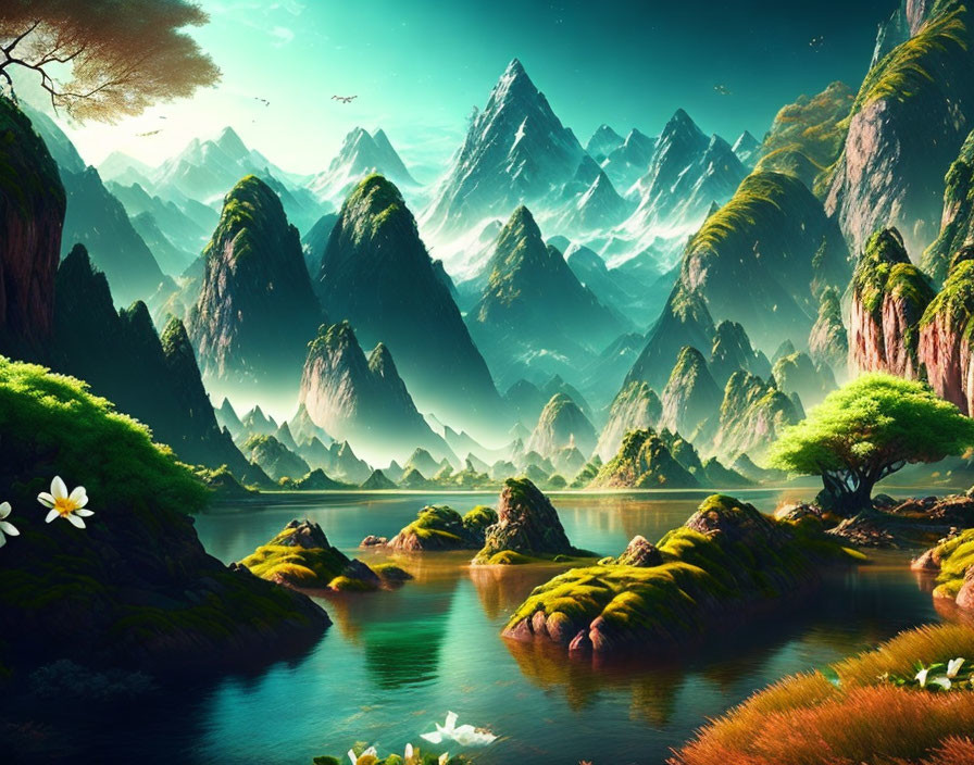 Tranquil landscape with lush greenery, mountains, lakes, and clear sky