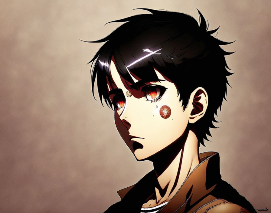 Black-Haired Male Character in Brown Jacket with Red Eyes