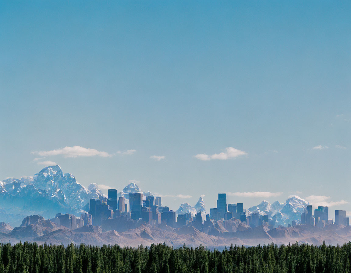 City skyline merges with snow-capped mountains under blue sky in surreal composite.