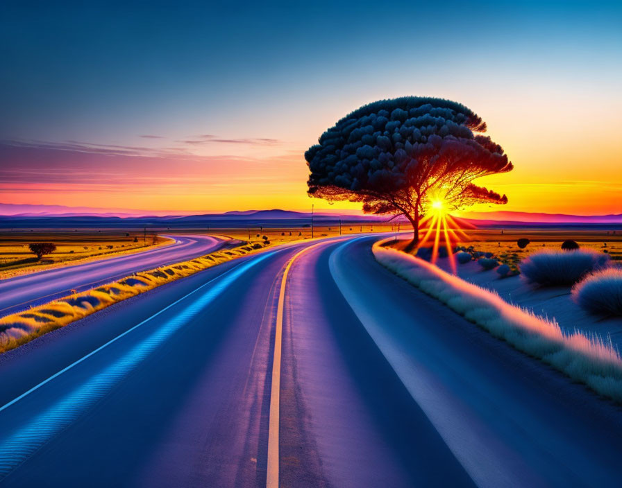 Curved road with vibrant sunset and round tree