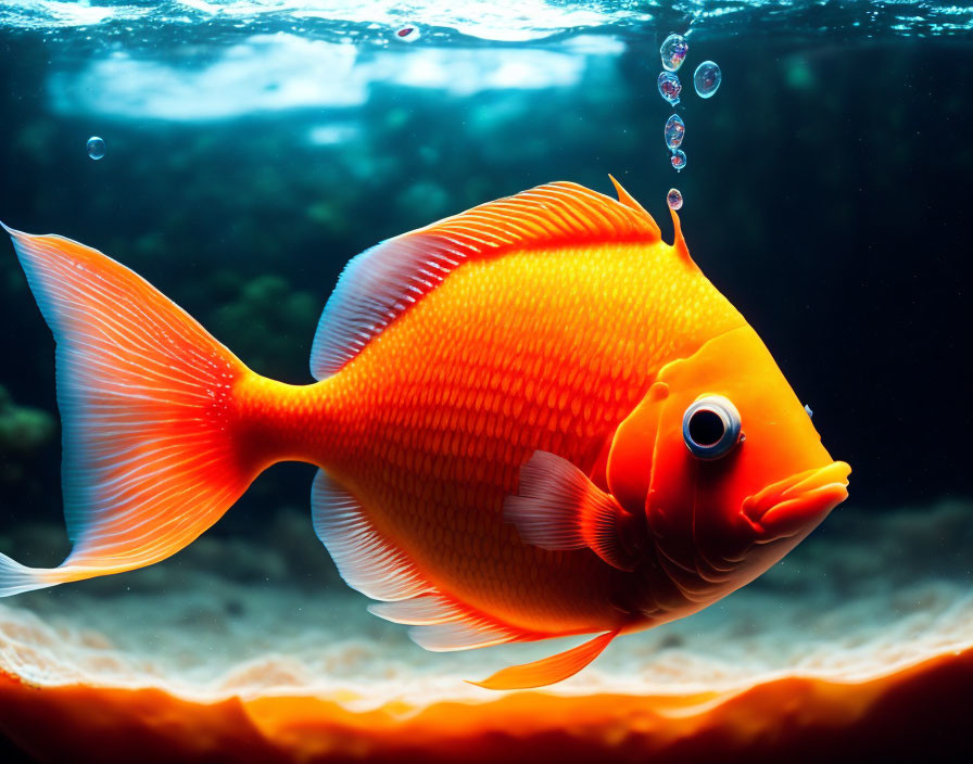 Colorful Orange Fish Swimming in Clear Water with Bubbles