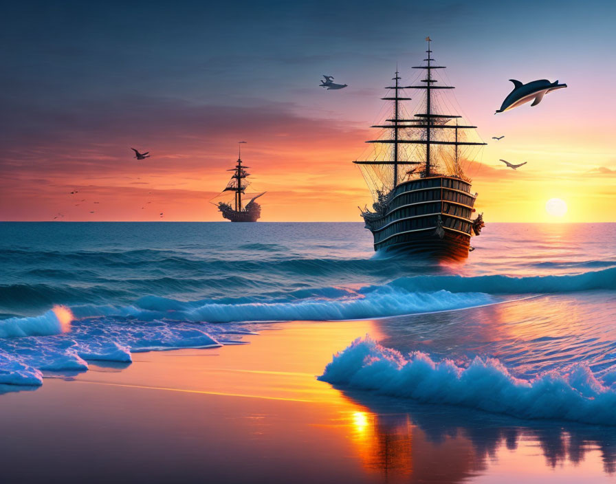 Vibrant sunset at sea with sailing ships, dolphins, and seagulls.