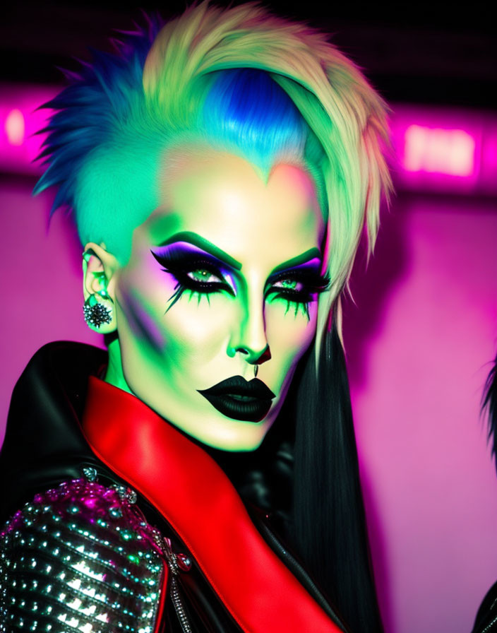 Vibrant neon green and blue hair with dramatic makeup and studded leather jacket pose under purple lighting