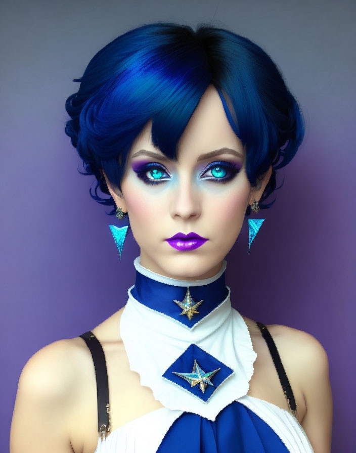 Person with Vibrant Blue Hair, Blue Eyes, Purple Lipstick, White & Blue Outfit,