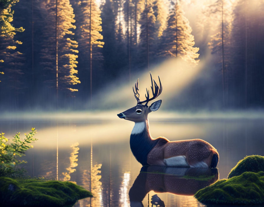 Tranquil deer resting near forest lake with sunlight reflections